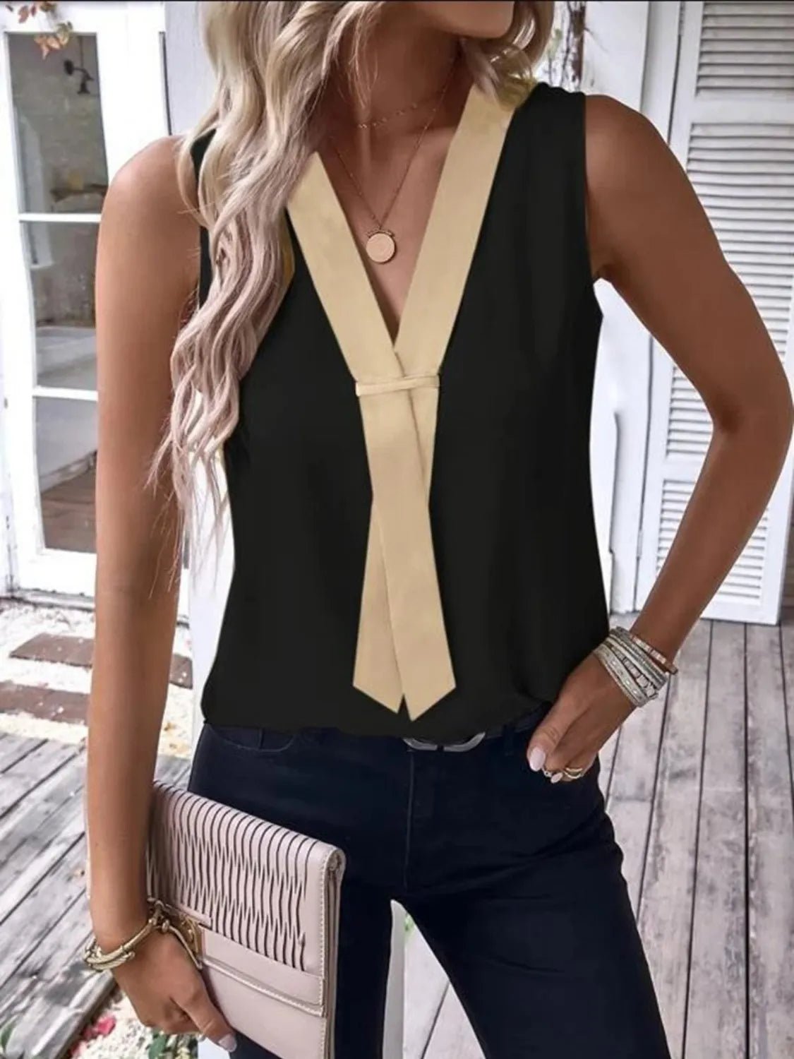 Full Size V - Neck Contrast Tank Plus Size women's fashion - N.O.T.WORLD N.O.TWORLD
