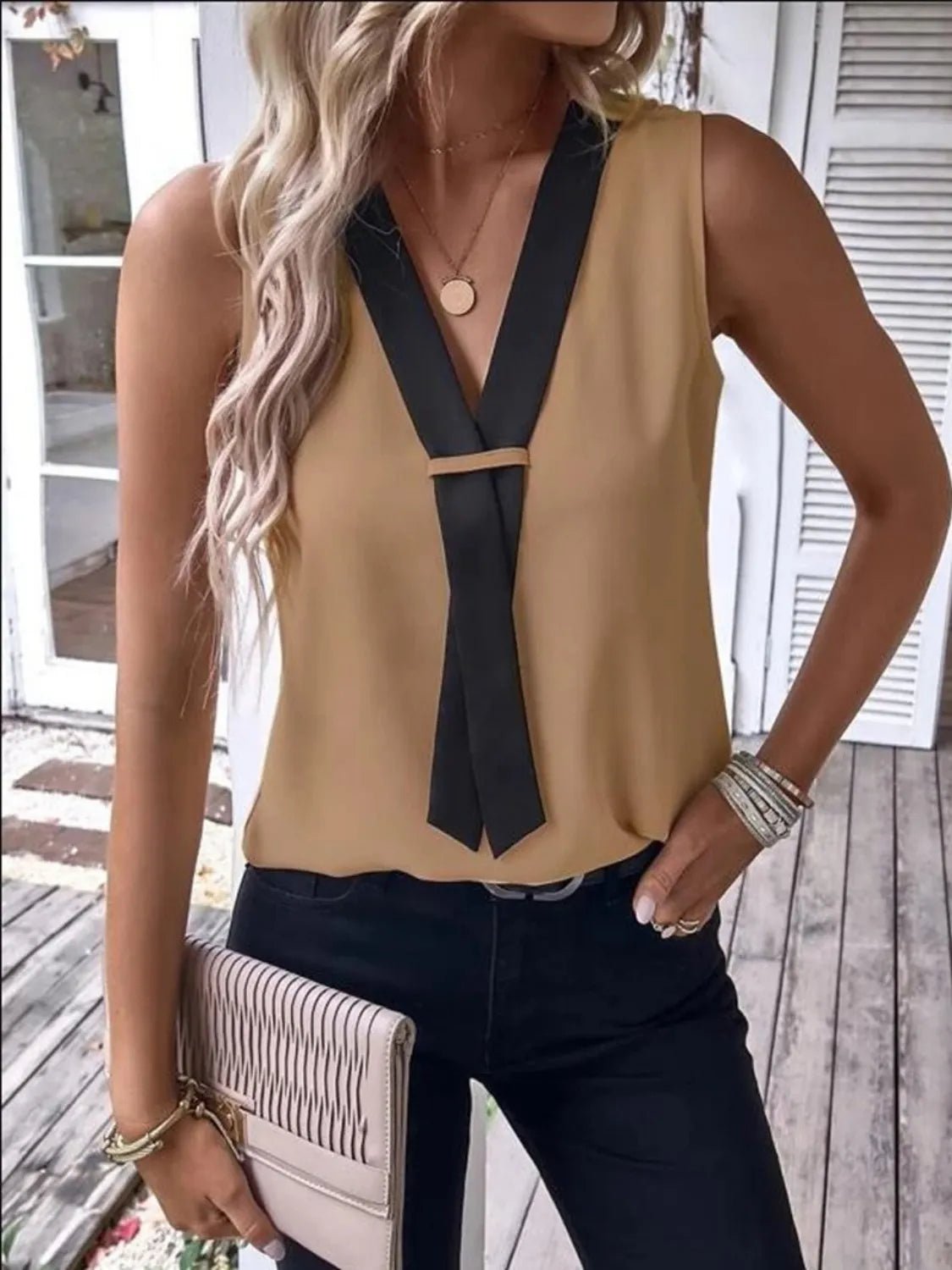Full Size V - Neck Contrast Tank Plus Size women's fashion - N.O.T.WORLD N.O.TWORLD