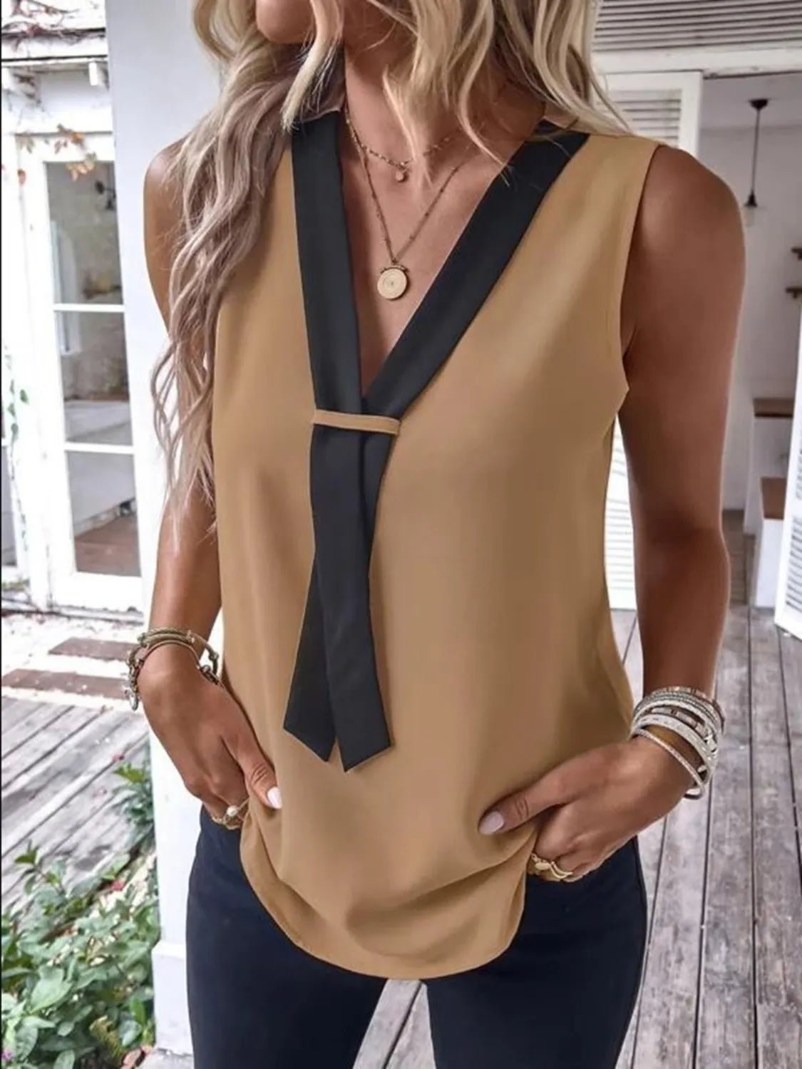 Full Size V - Neck Contrast Tank Plus Size women's fashion - N.O.T.WORLD N.O.TWORLD