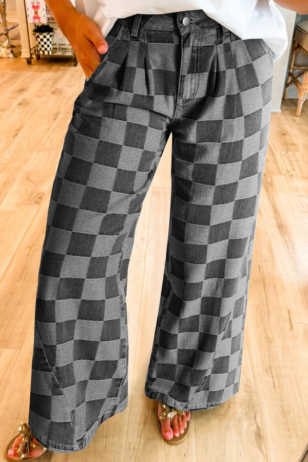 Checkered Wide Leg Jeans with Pockets women's fashion - N.O.T.WORLD N.O.TWORLD