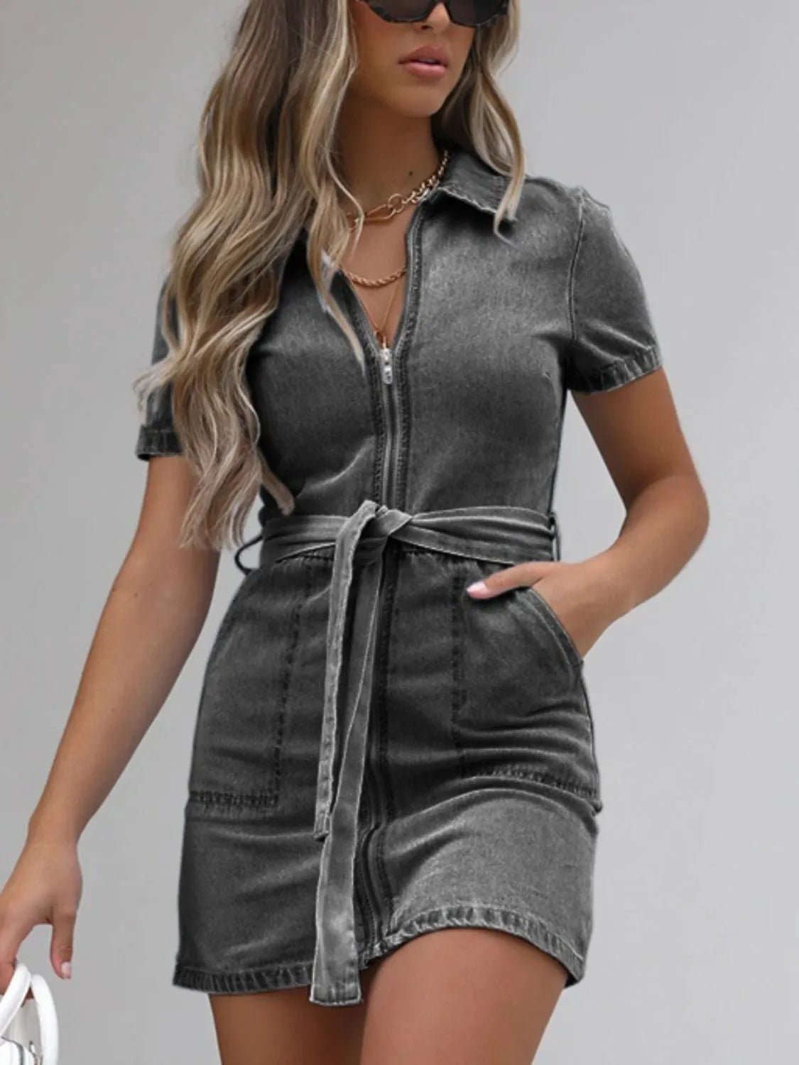 Full Size Zip Front Short Sleeve Denim Dress Plus Size women's fashion - N.O.T.WORLD N.O.TWORLD