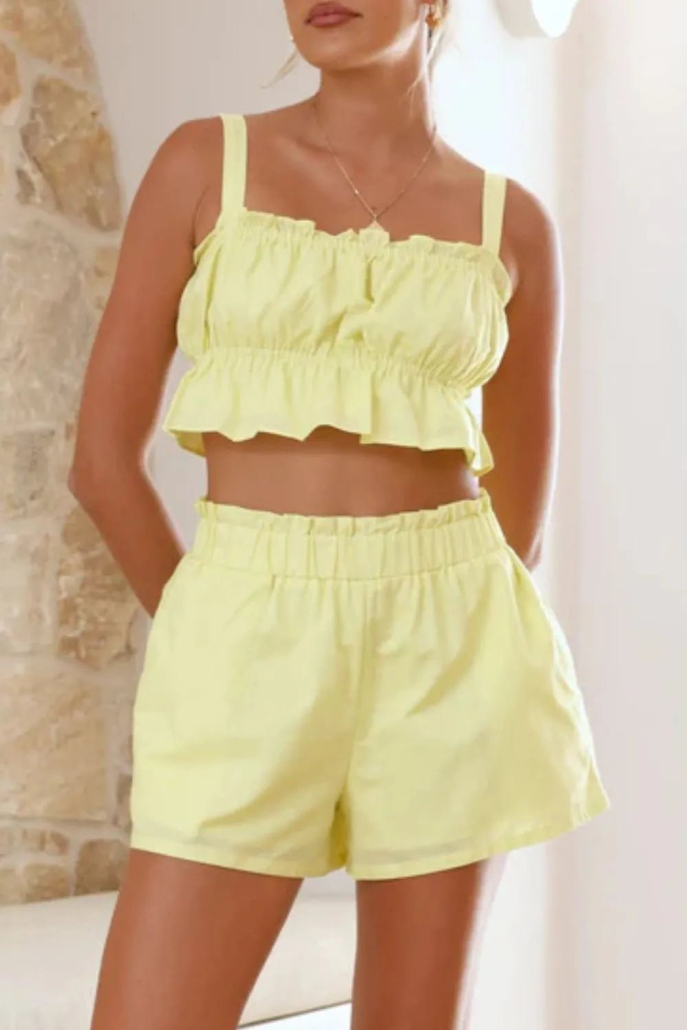 Ruffled Square Neck Cami and Shorts Set women's fashion - N.O.T.WORLD N.O.TWORLD