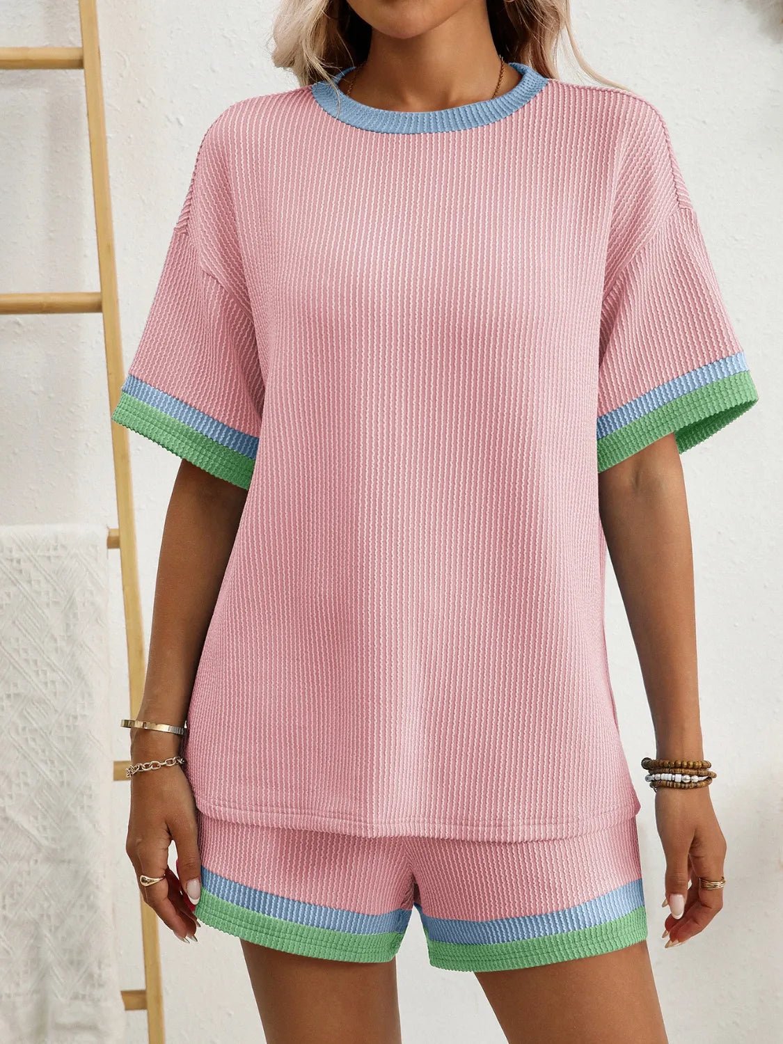 Contrast Round Neck Short Sleeve Top and Shorts Set women's fashion - N.O.T.WORLD N.O.TWORLD