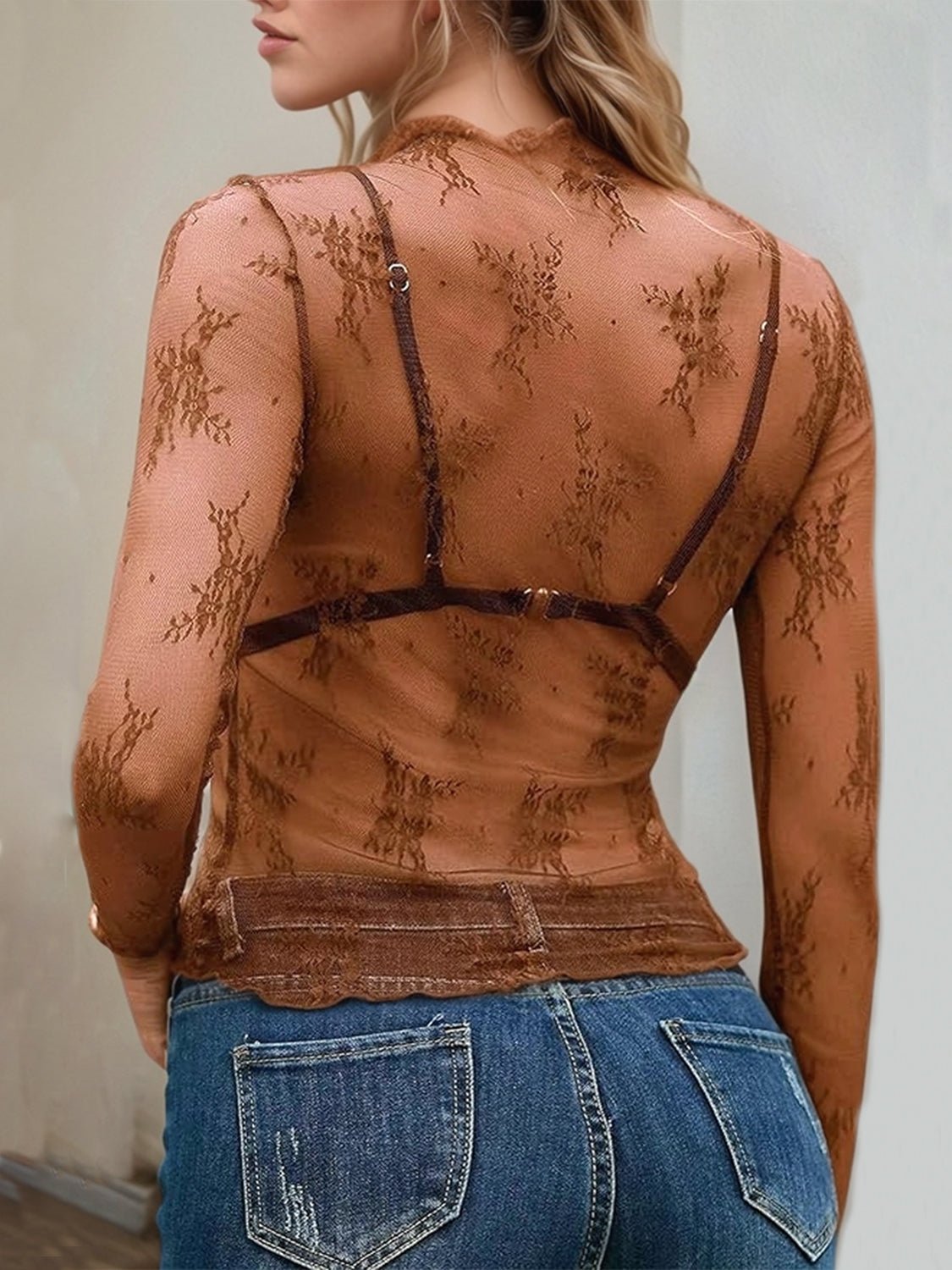 Floral Mock Neck Long Sleeve Mesh Top women's fashion - N.O.T.WORLD N.O.TWORLD