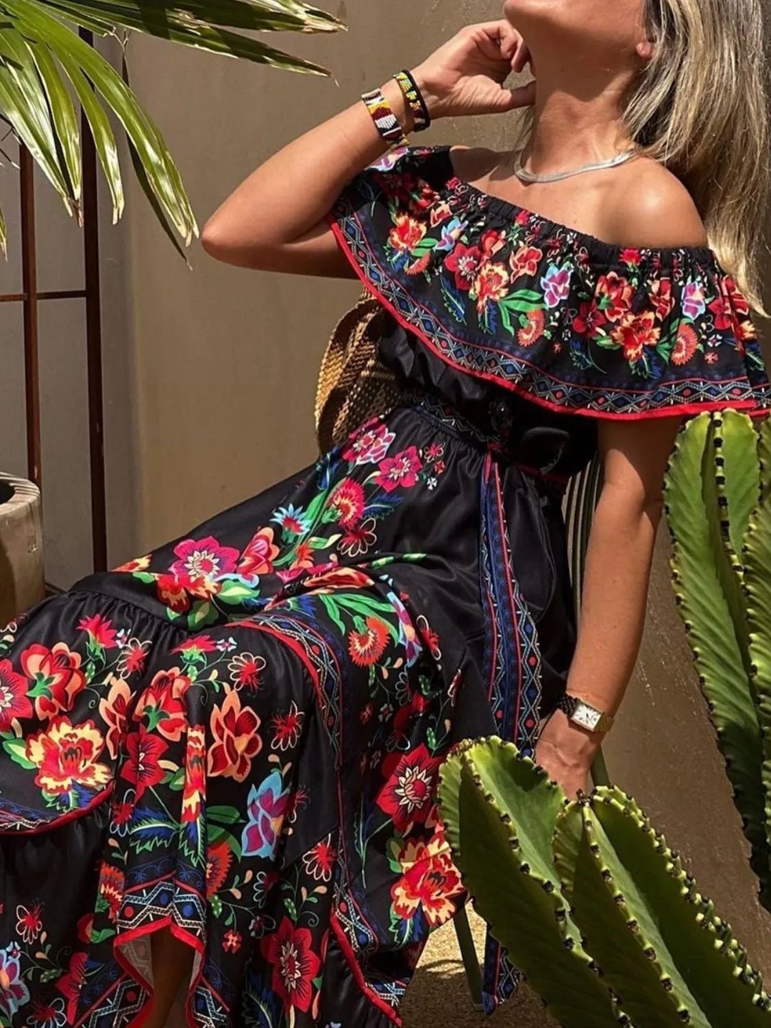 Floral Off Shoulder Ruffle Maxi Dress women's fashion - N.O.T.WORLD N.O.TWORLD