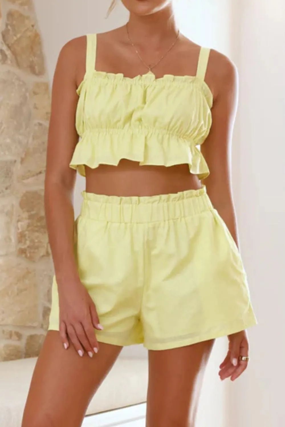 Ruffled Square Neck Cami and Shorts Set women's fashion - N.O.T.WORLD N.O.TWORLD