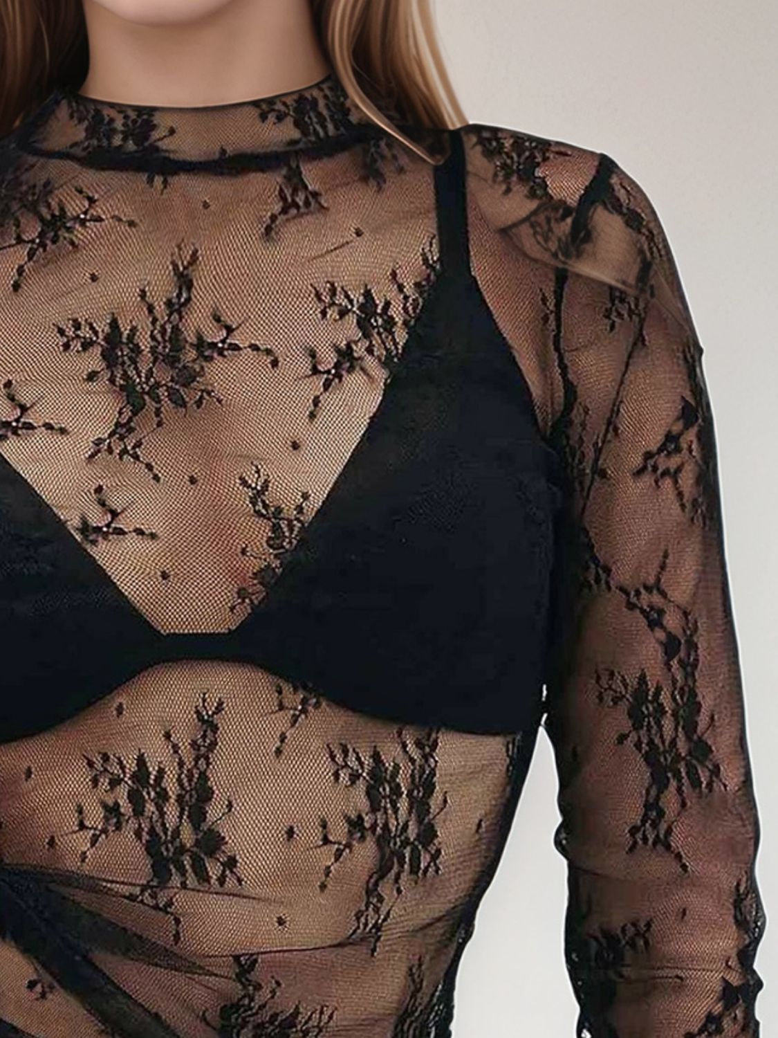 Floral Mock Neck Long Sleeve Mesh Top women's fashion - N.O.T.WORLD N.O.TWORLD