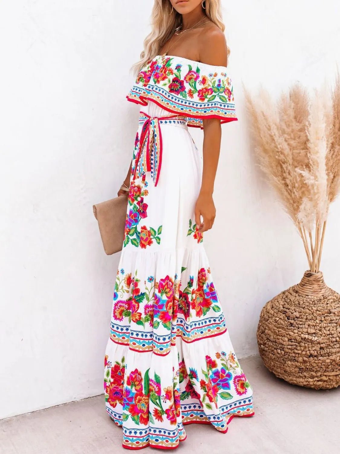Floral Off Shoulder Ruffle Maxi Dress women's fashion - N.O.T.WORLD N.O.TWORLD
