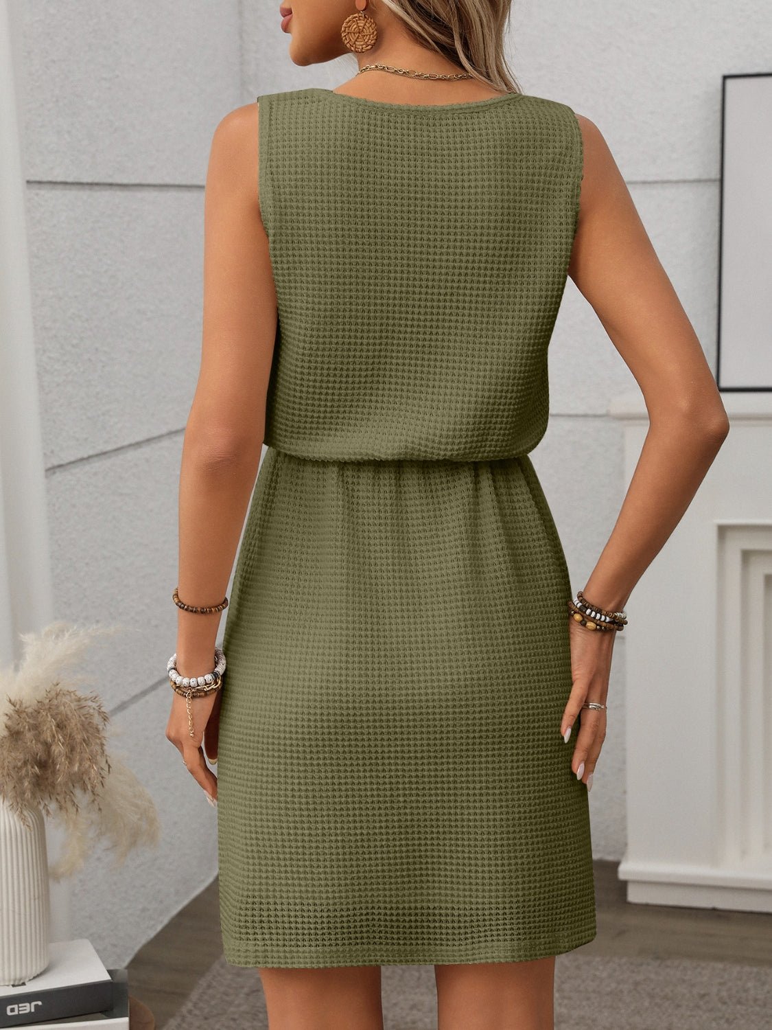 Waffle - Knit Drawstring Mini Tank Dress women's fashion - N.O.T.WORLD N.O.TWORLD