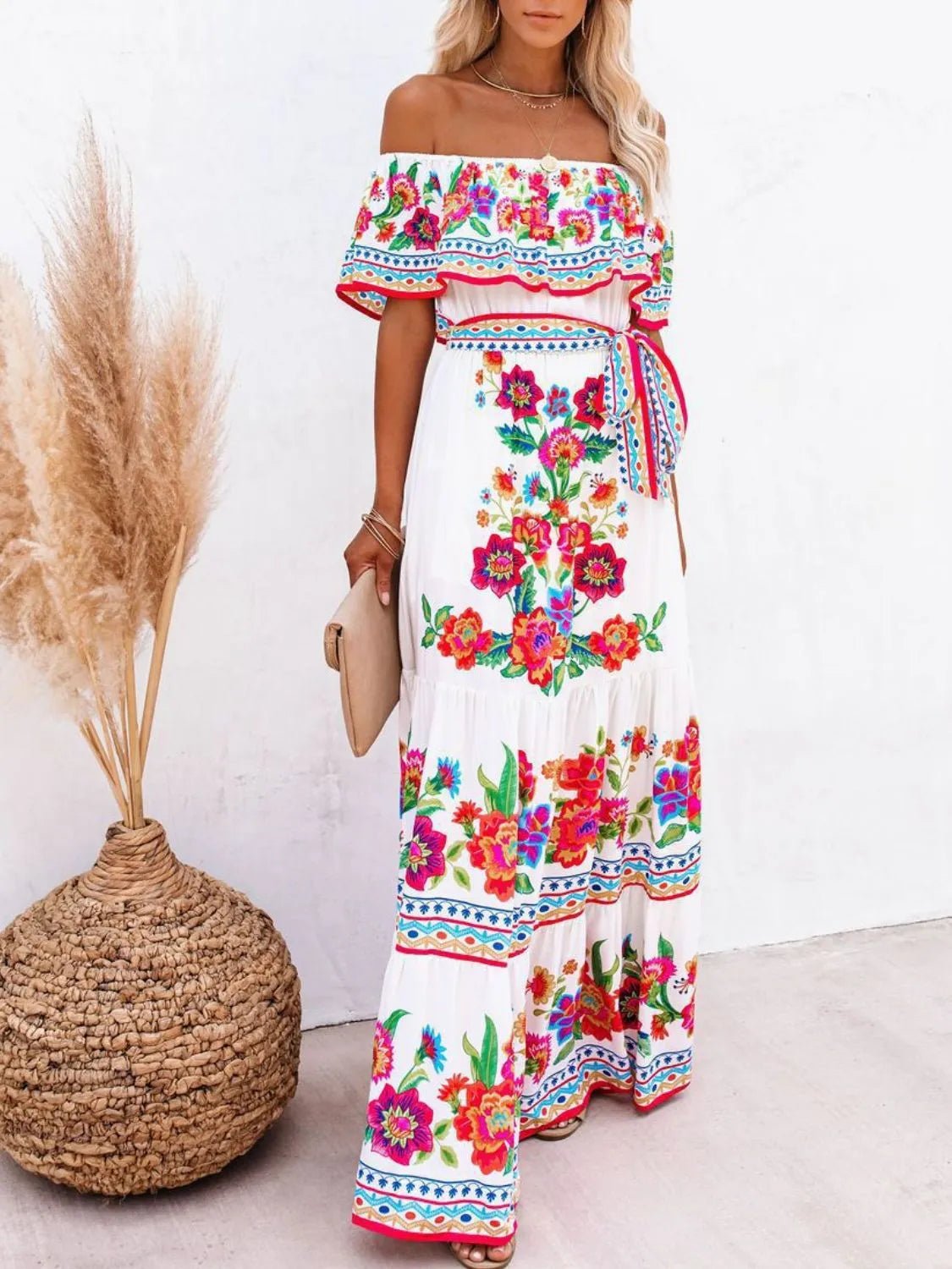 Floral Off Shoulder Ruffle Maxi Dress women's fashion - N.O.T.WORLD N.O.TWORLD