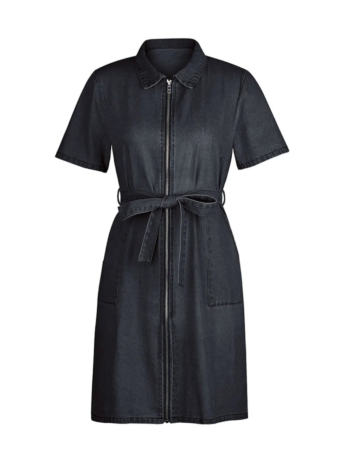 Full Size Zip Front Short Sleeve Denim Dress Plus Size women's fashion - N.O.T.WORLD N.O.TWORLD