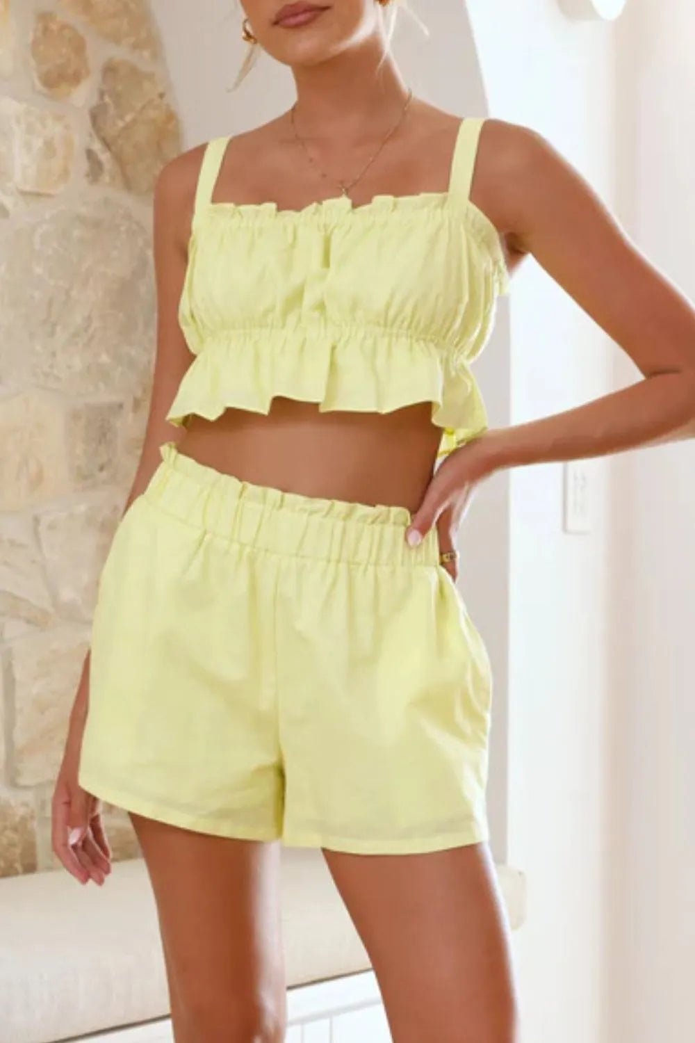 Ruffled Square Neck Cami and Shorts Set women's fashion - N.O.T.WORLD N.O.TWORLD
