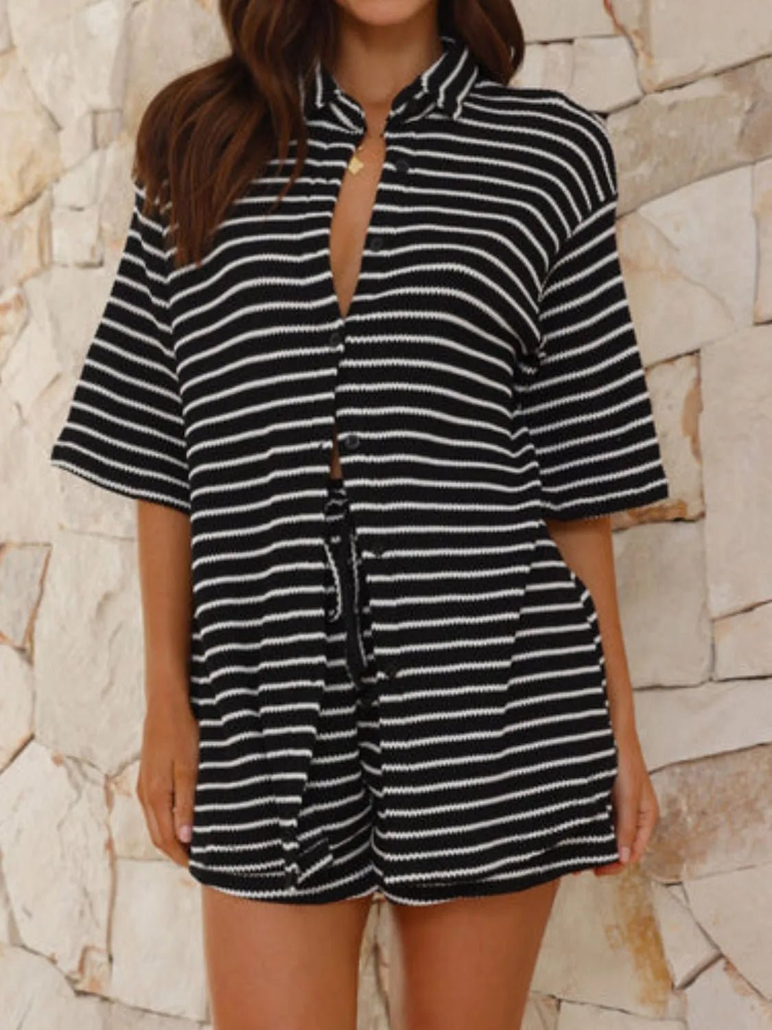 Striped Half Sleeve Top and Shorts Set women's fashion - N.O.T.WORLD N.O.TWORLD