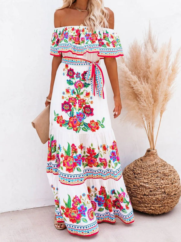 Floral Off Shoulder Ruffle Maxi Dress women's fashion - N.O.T.WORLD N.O.TWORLD