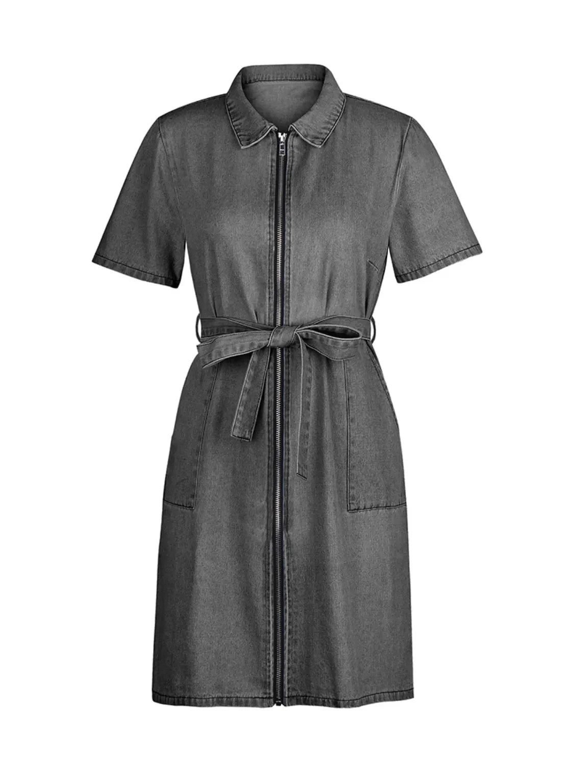 Full Size Zip Front Short Sleeve Denim Dress Plus Size women's fashion - N.O.T.WORLD N.O.TWORLD