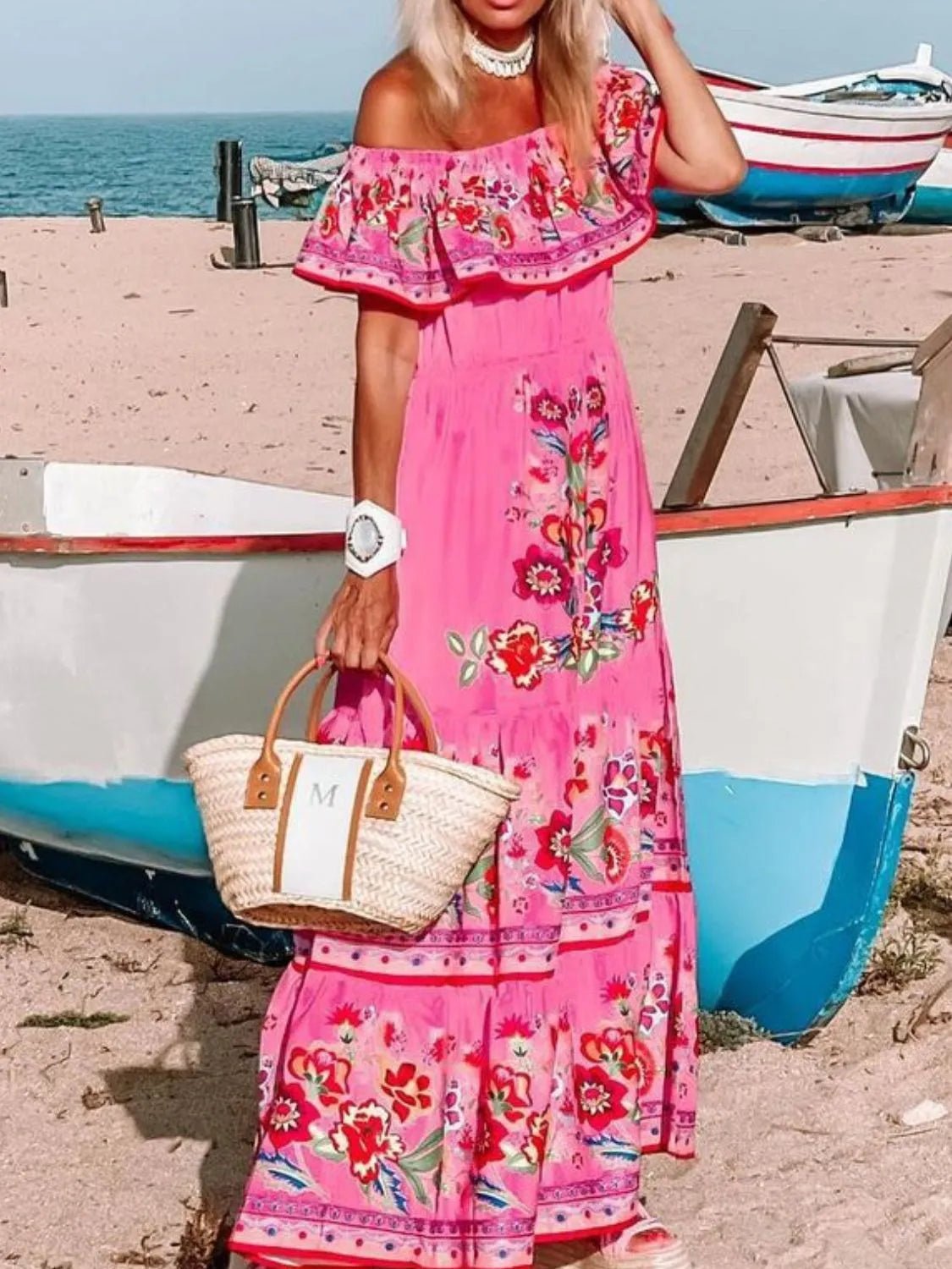 Floral Off Shoulder Ruffle Maxi Dress women's fashion - N.O.T.WORLD N.O.TWORLD