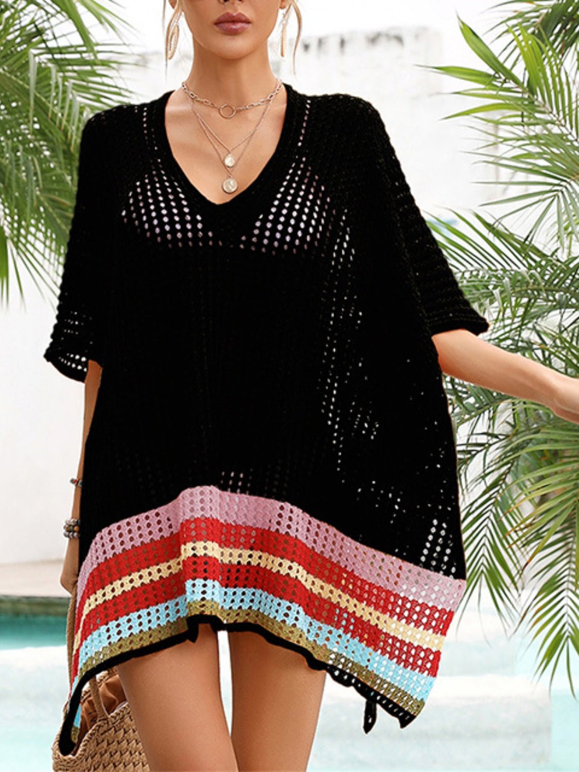 Slit Openwork V - Neck Half Sleeve Cover - Up women's fashion - N.O.T.WORLD N.O.TWORLD