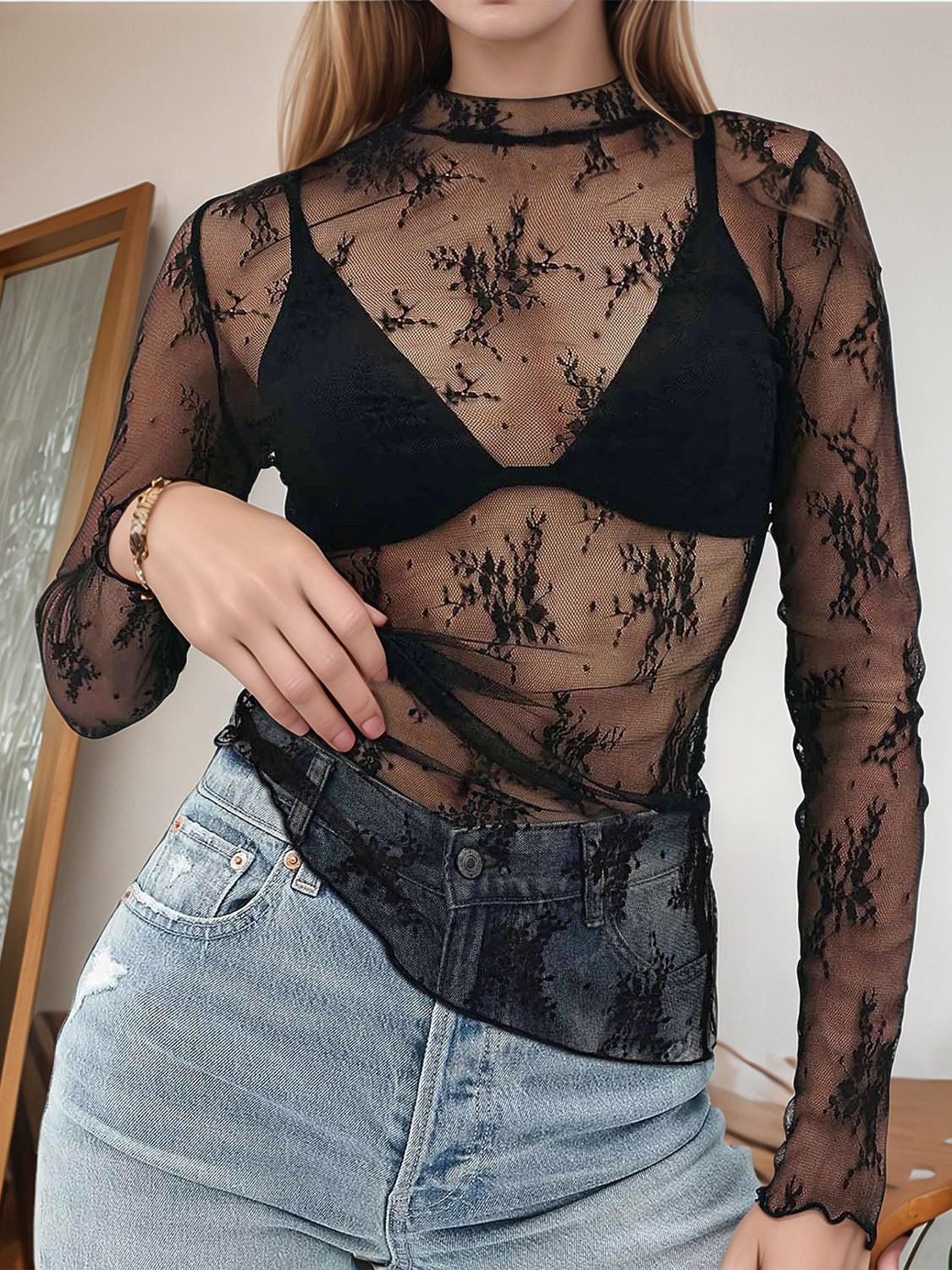 Floral Mock Neck Long Sleeve Mesh Top women's fashion - N.O.T.WORLD N.O.TWORLD