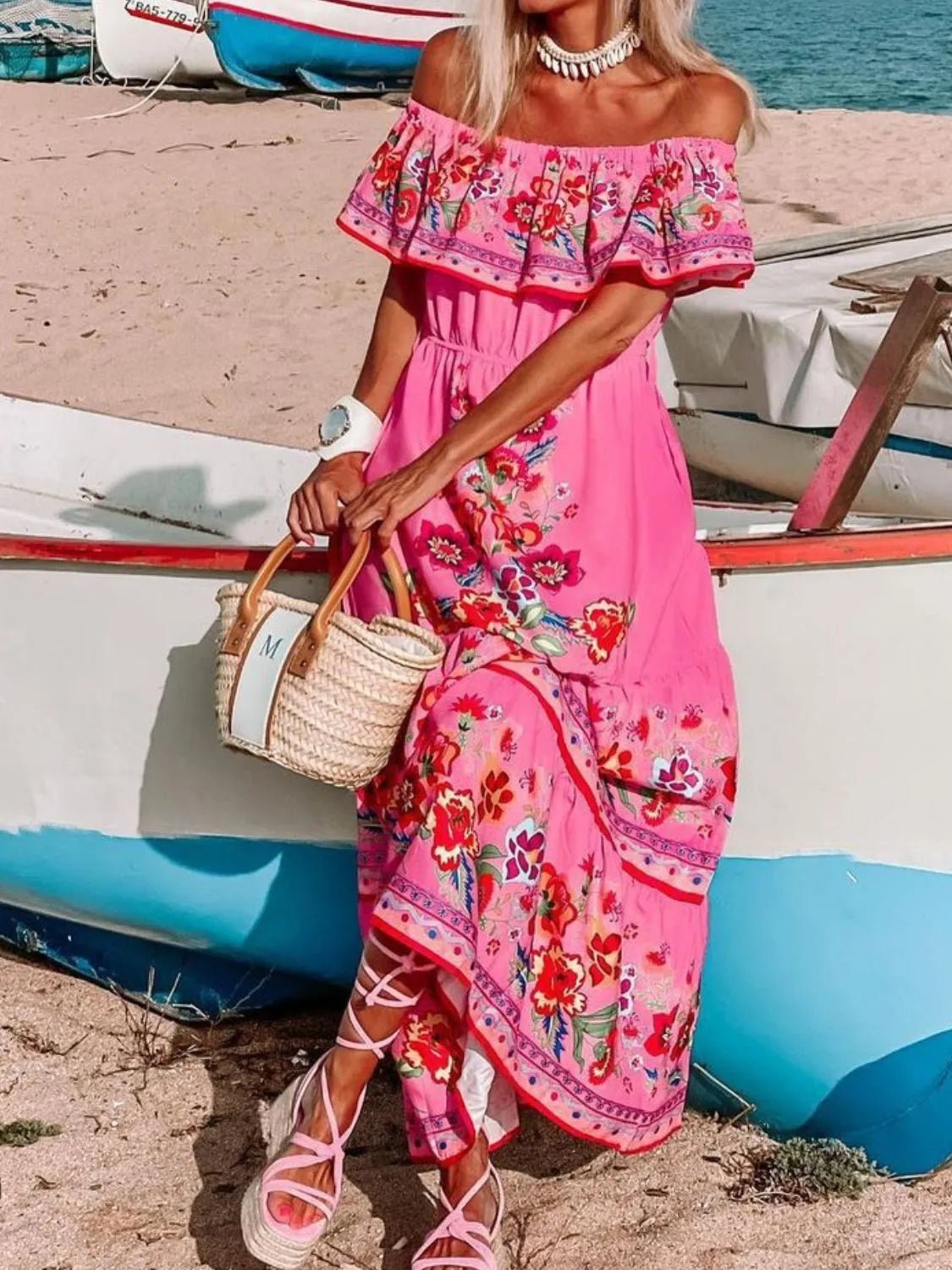 Floral Off Shoulder Ruffle Maxi Dress women's fashion - N.O.T.WORLD N.O.TWORLD