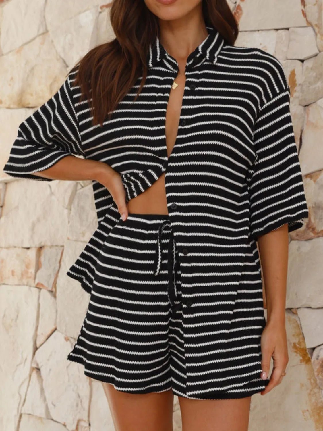 Striped Half Sleeve Top and Shorts Set women's fashion - N.O.T.WORLD N.O.TWORLD