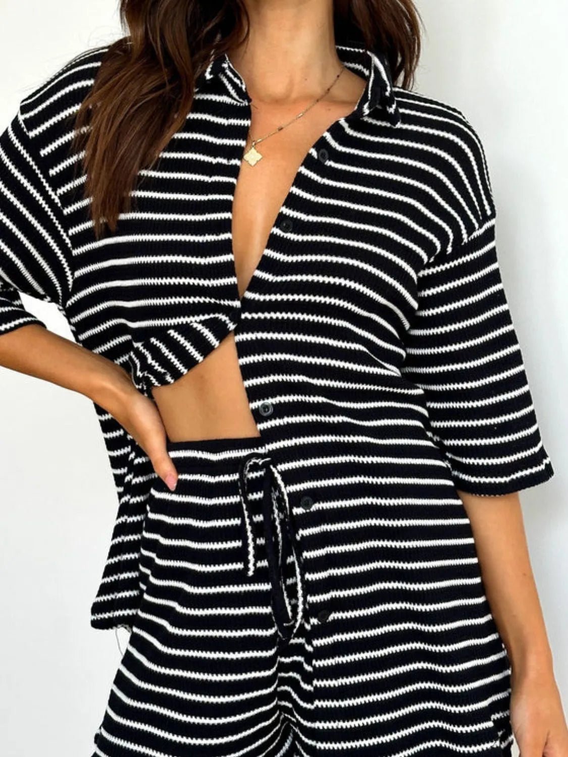 Striped Half Sleeve Top and Shorts Set women's fashion - N.O.T.WORLD N.O.TWORLD
