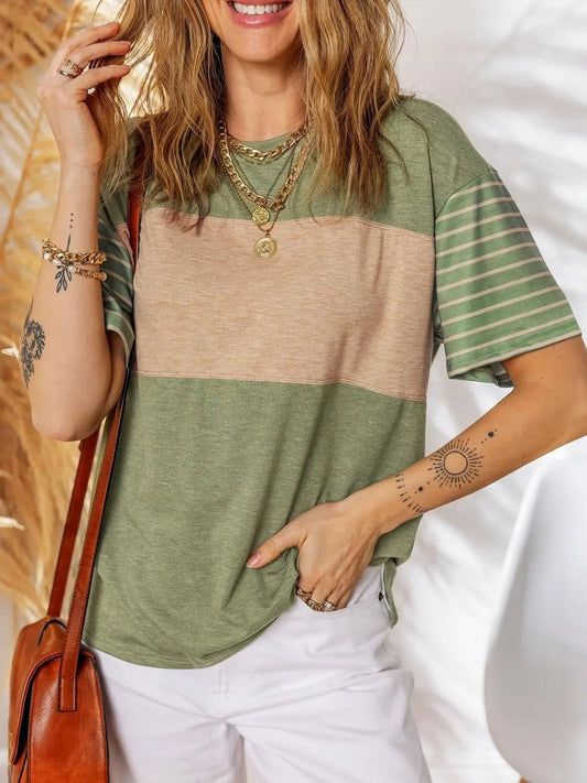 Color Block Striped Sleeve Casual T-Shirt women's fashion - N.O.T.WORLD N.O.TWORLD