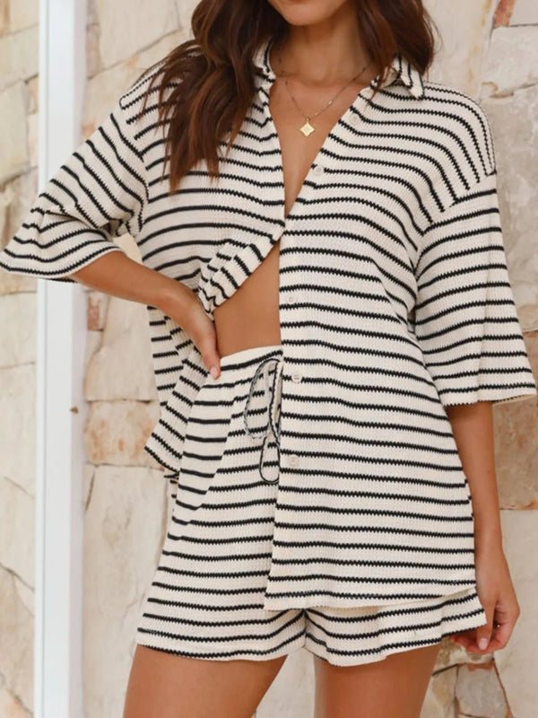 Striped Half Sleeve Top and Shorts Set women's fashion - N.O.T.WORLD N.O.TWORLD