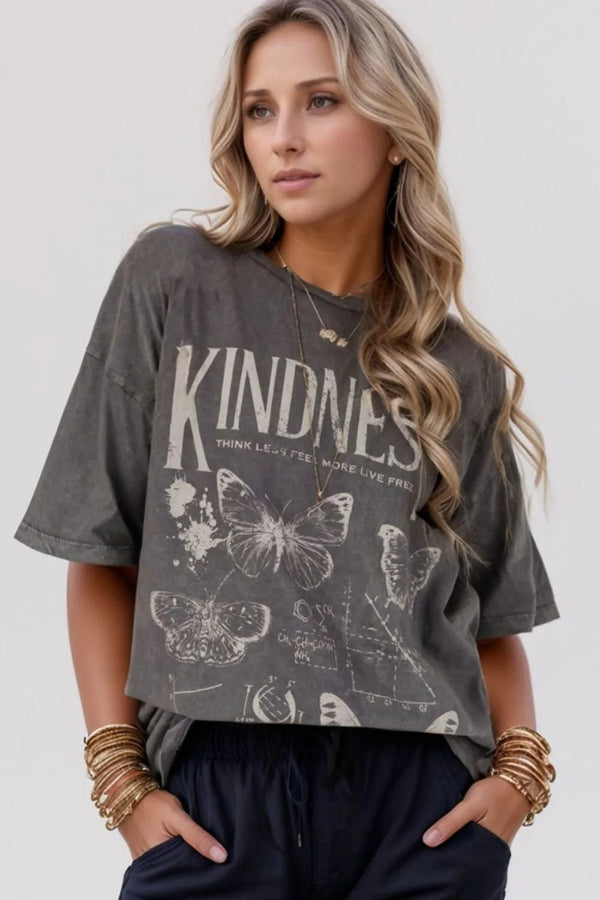 Kindness Butterflies Graphic Mineral Wash Loose Tee women's fashion - N.O.T.WORLD N.O.TWORLD