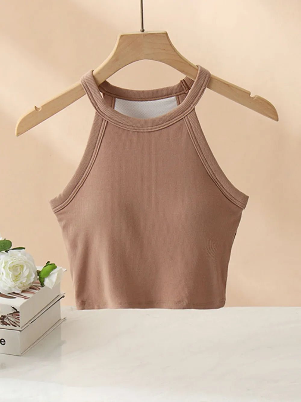 Ribbed Grecian Neck Cropped Tank with Chest Pads women's fashion - N.O.T.WORLD N.O.TWORLD