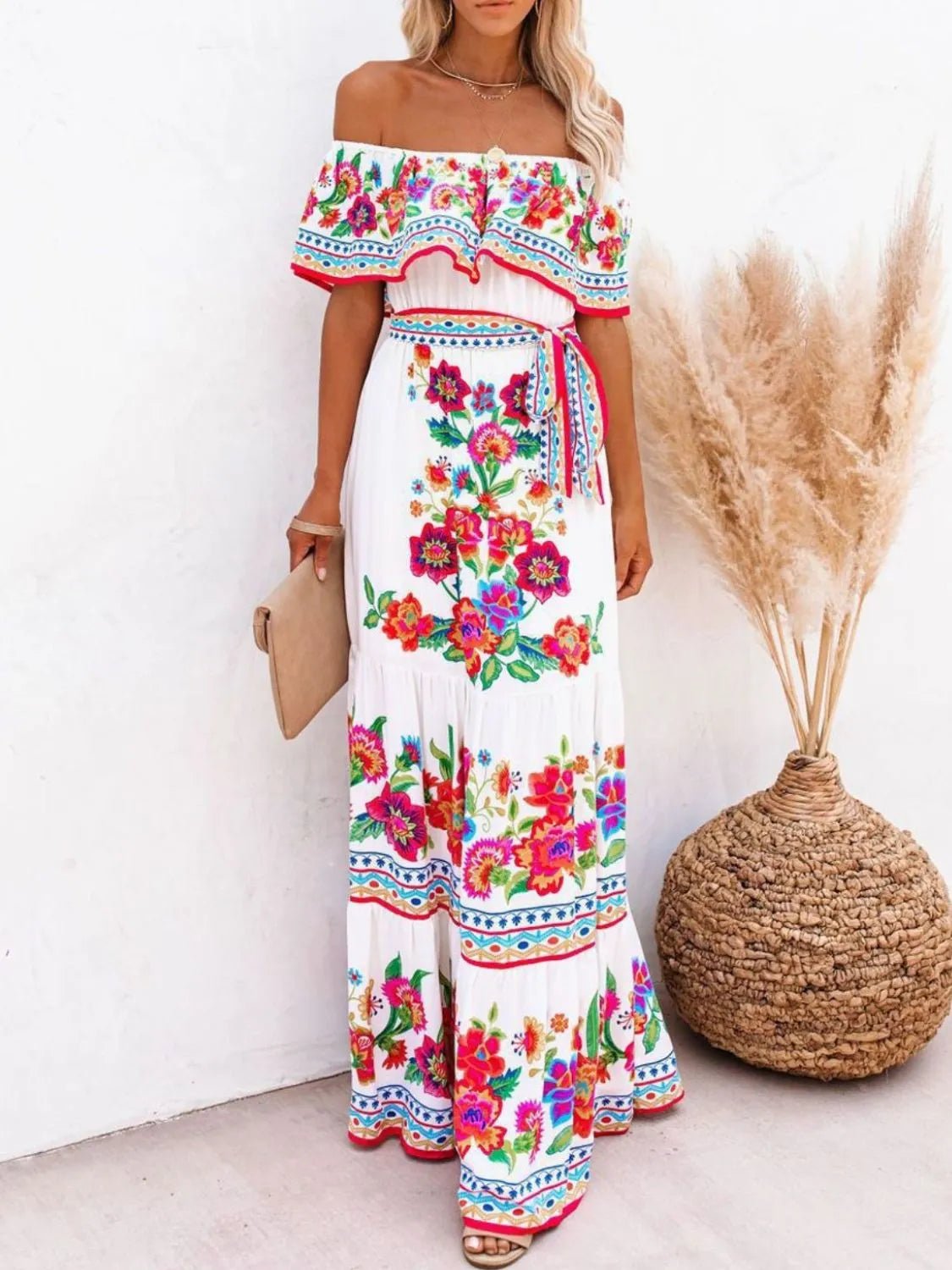 Floral Off Shoulder Ruffle Maxi Dress women's fashion - N.O.T.WORLD N.O.TWORLD